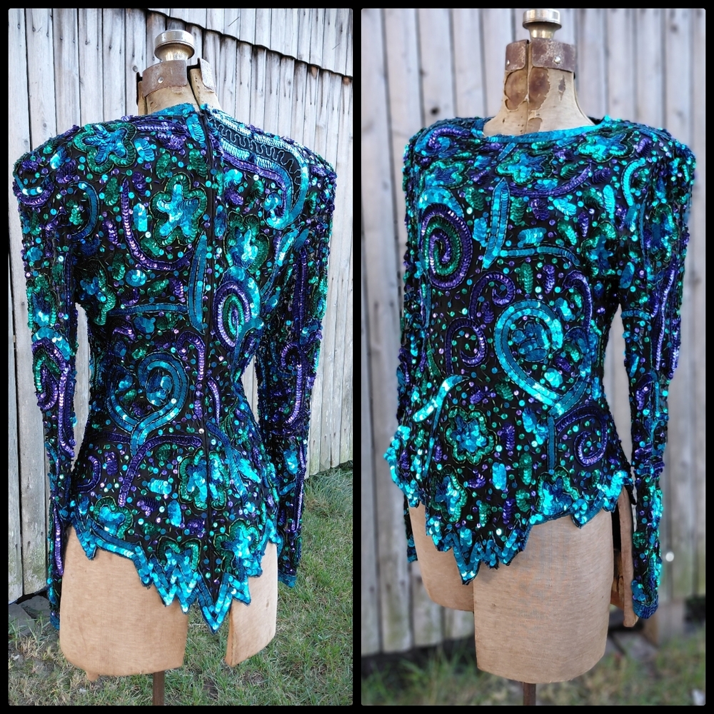 Vintage 80s Laurence Kazar hand beaded sequins teal purple celestial star blouse